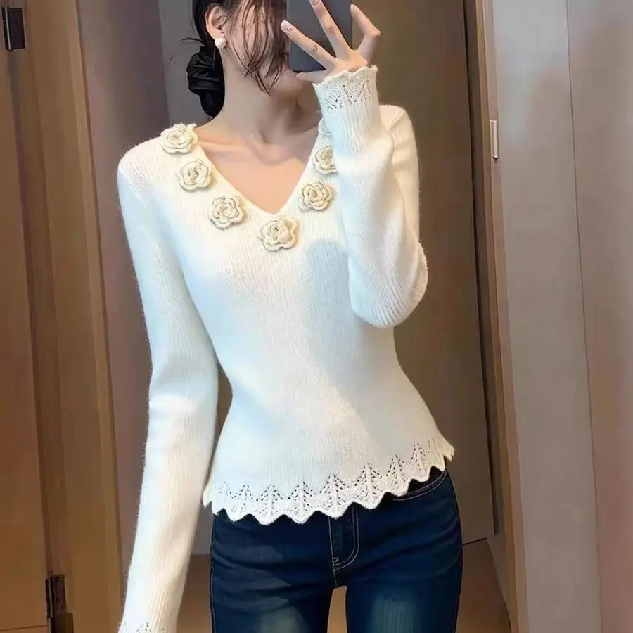 Französisch Hochwertige Pullover Frauen Frühling Herbst Neue Mantel Sanfte V-ausschnitt Pullover Dreidimensionale Blume Strickwaren Damen Top