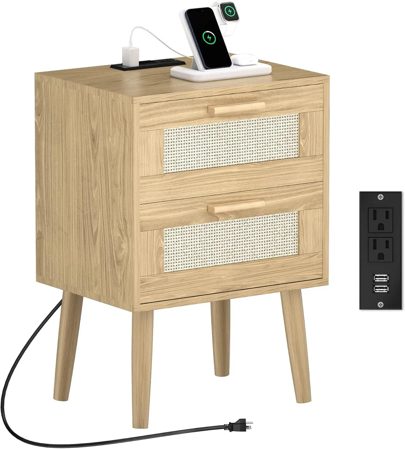 

Nightstand with Charging Station,Rattan Night Stand with Solid Wood Legs, Bedside Table with USB Ports & Outlets, End Table for