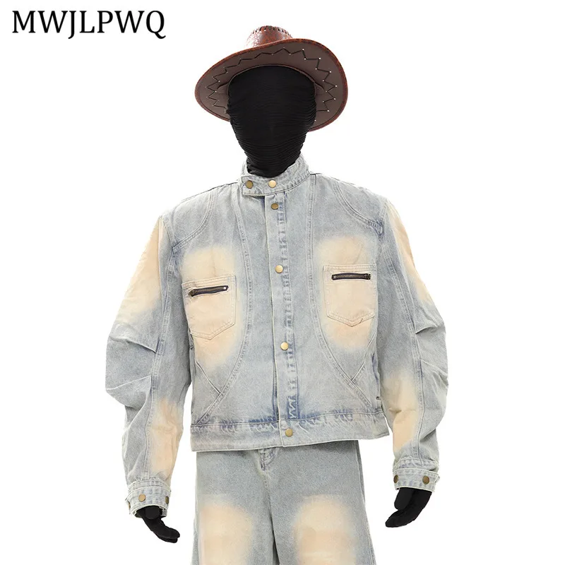 

MWJLPWQ Deconstructed Design American Style Machete Denim Jacket Men's High Street Spliced Vintage Washed Casual Male Sets 11472