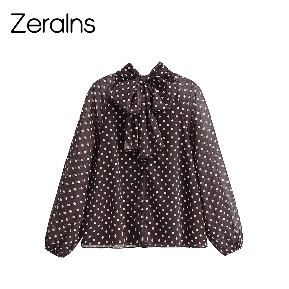 ZERAINS Summer new women's stand up collar semi transparent long sleeved bow embellished polka dot shirt