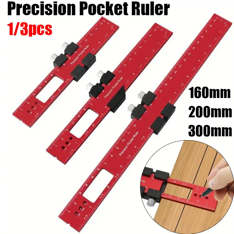 

1pc/3pcs 160/200/300mm Aluminum Alloy T-Square Ruler Precision Woodworking Pocket Measuring Rule Inch/Metric With Slide Stops