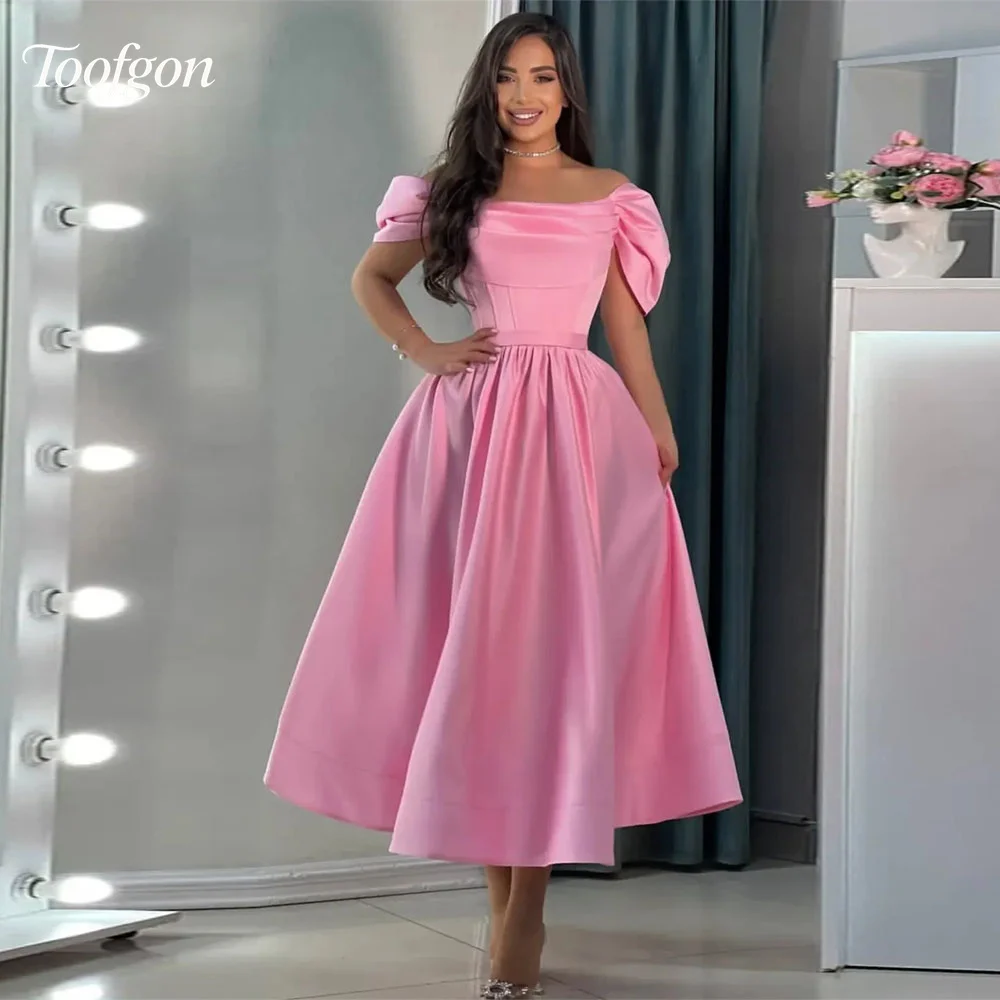 

Toofan индивидуальное милое розовое атласное платье трапециевидной формы миди для выпускного вечера с открытыми плечами женское вечернее платье в Саудовской Аравии