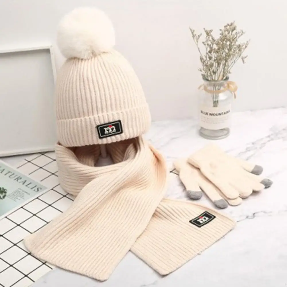 Fur Ball Knit Hat Set Children\'s Winter Accessories Set Hat Scarf Gloves with Plush Ball Decor Cozy Knitted Windproof for Boys