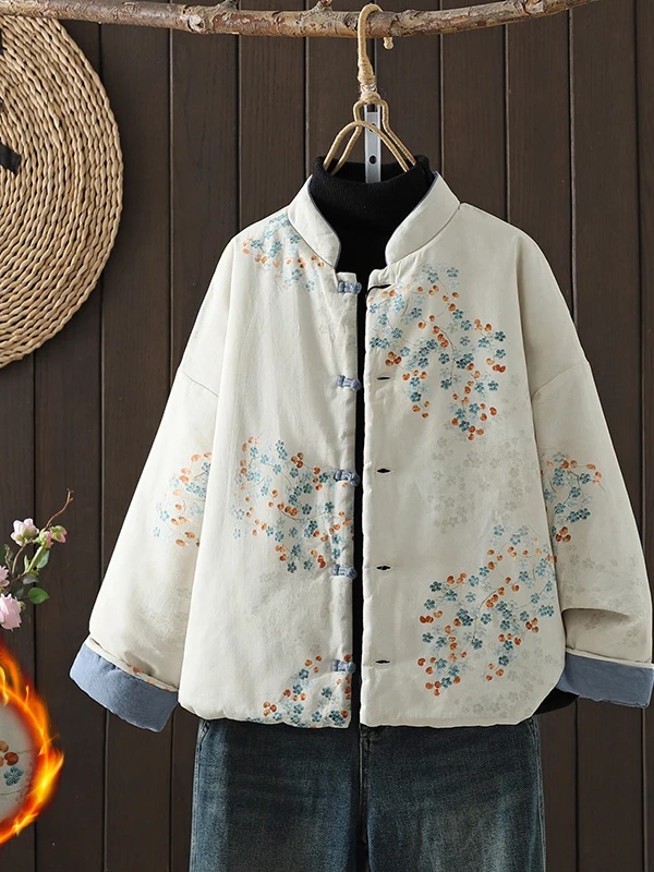 

Retro Chinese Sle Floral Print Cotton Jaet Women's Winter Thi Warm Coat Button Closure Loose Fit Long Sve Stand Collar