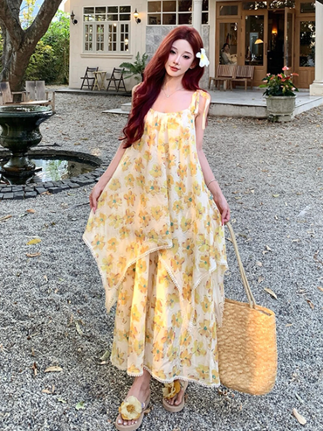 

Beachy Floral Print Halter Dress Summer Unique Beautiful Cotton Gentle Style High Waist Sundress for Women Girls Casual Date