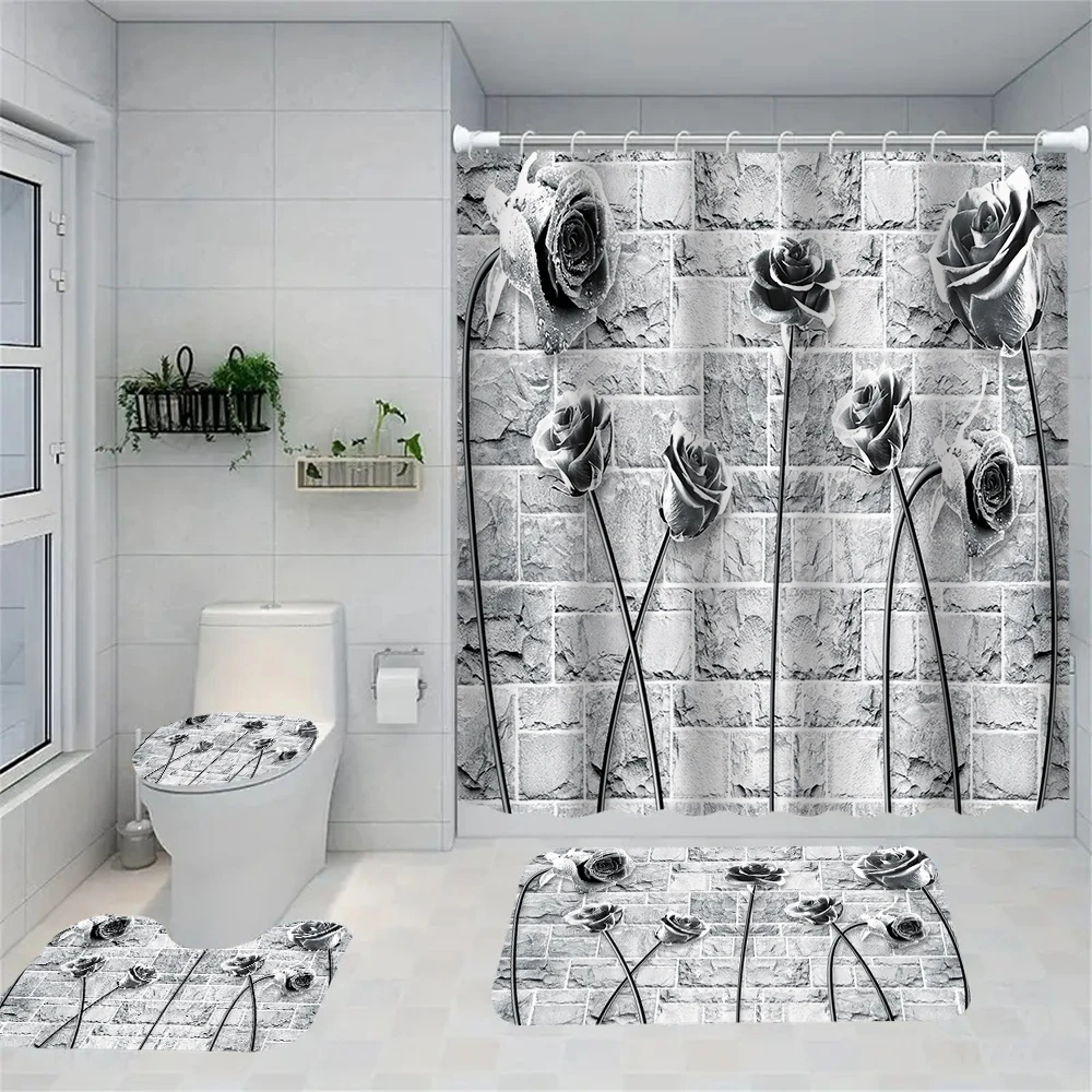 

1/4 Rose Home Bathroom Curtains, Toilet Seat Decoration, Shower Curtain Carpet, Shower Curtain with Carpet and Toilet Cover