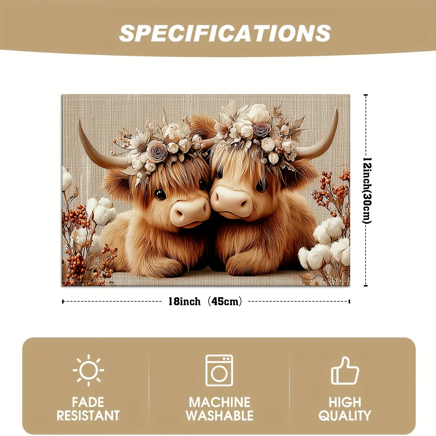 1 Piece of Cute Highland Cow Print Linen Placemat for Dining Tables, Kitchen Placemats, Indoor and Outdoor Party Decoration