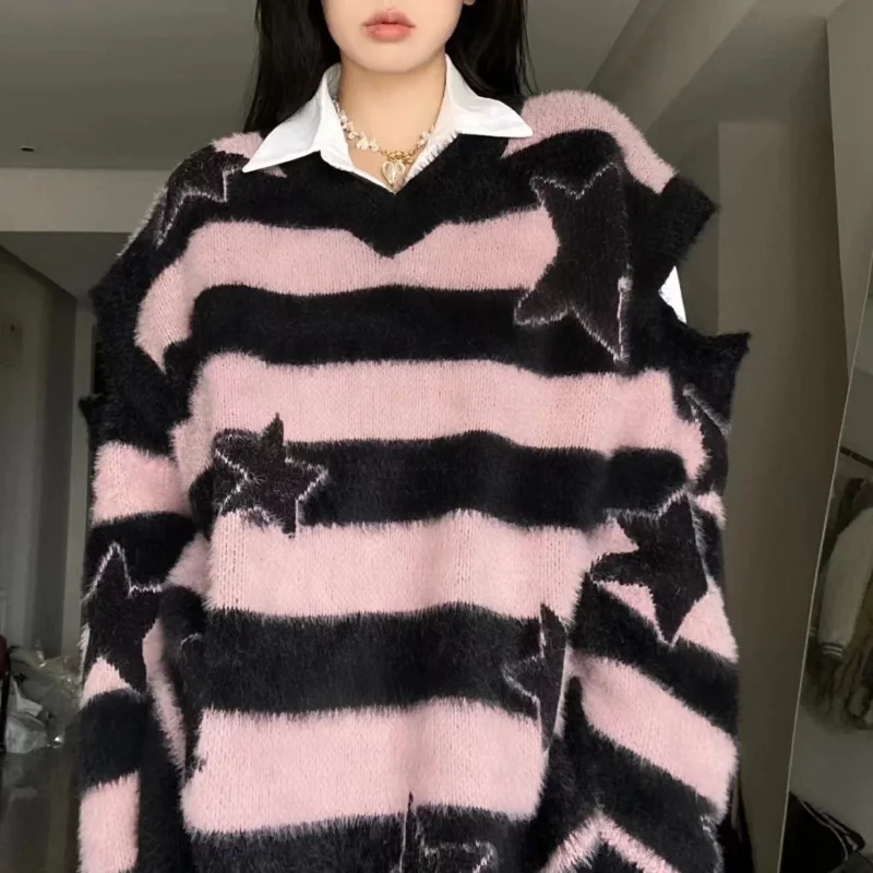 

2024 Y2k Pink Striped Knitted Sweater Women Goth Vintage Jumper Korean Fashion Oversized Star Knitwear Aesthetic Harajuku