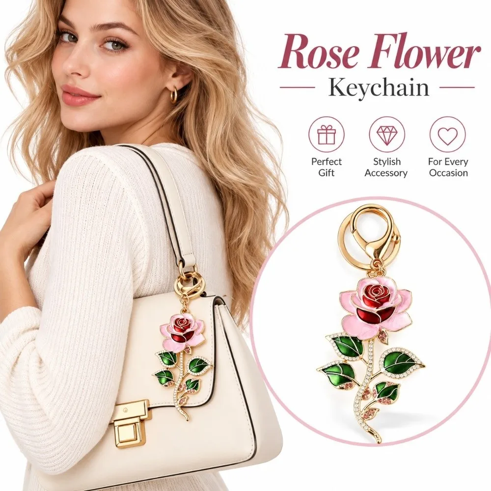 Rose Flower Keychain Lobster Clasp Hanging Crystal Keyring DIY Jewelry Rhinestone Backpack Accessory Handbag Decor Accessories