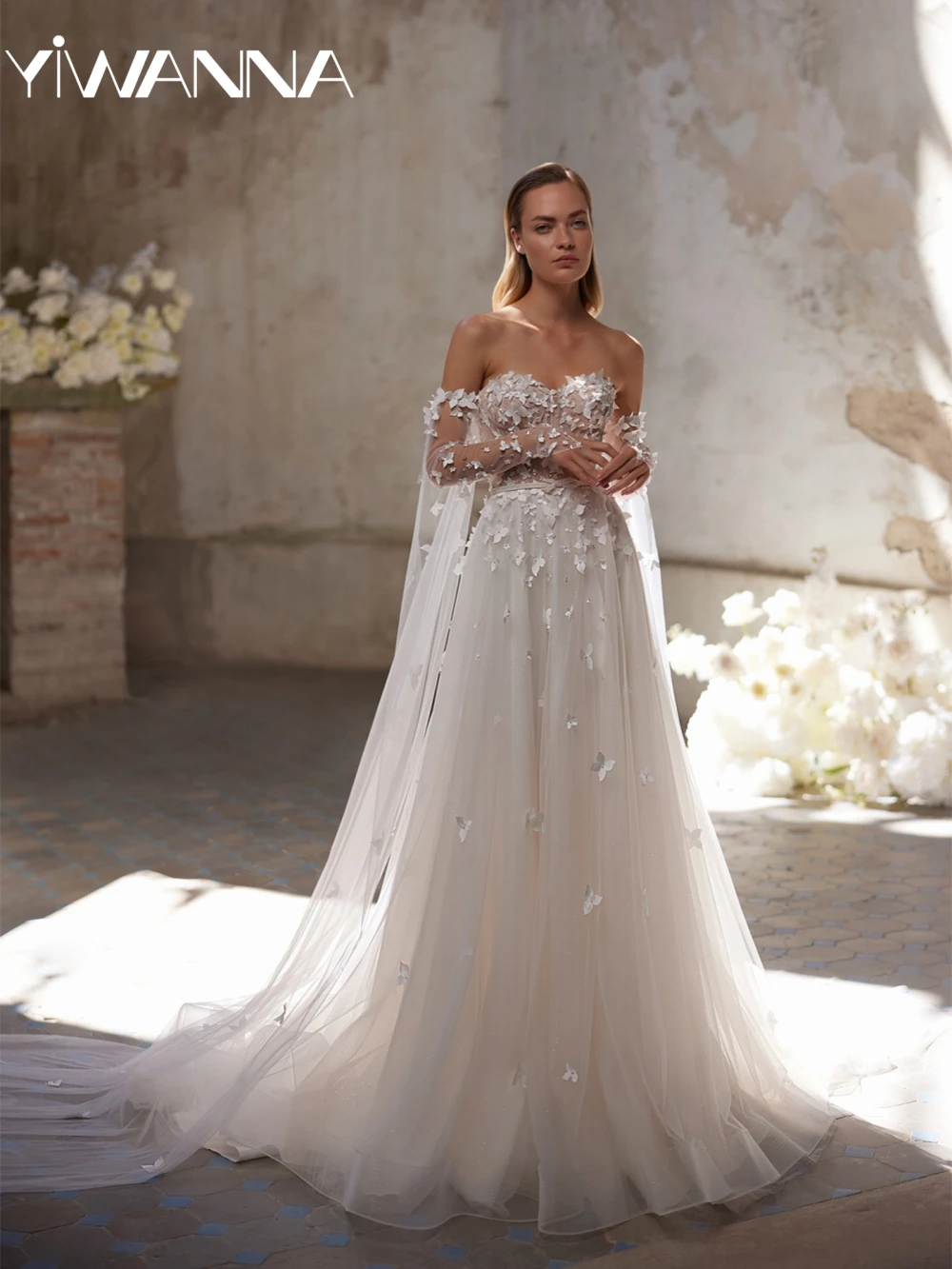 

Shiny 3D Flower A-line Long Wedding Dress Detachable Sleeve Sweetheart Neck Bridal Gown New Customized Dreamy Dresses For Bride