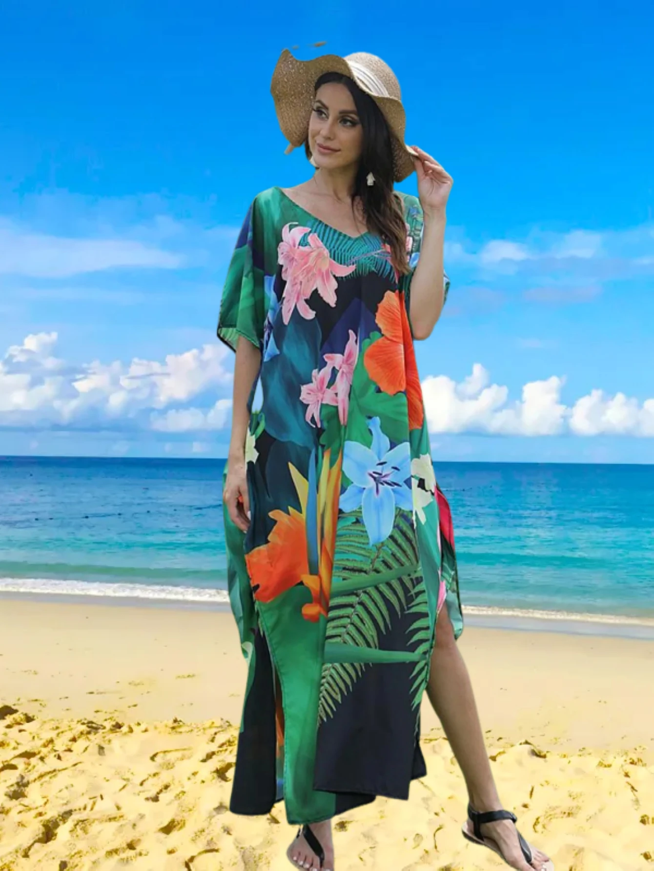 فساتين قفطان للنساء مقاس كبير بدلة استحمام تغطي فتحة رقبة على شكل حرف V فستان جناح الخفّاش فضفاض مناسب فساتين قفطان مغربي مومو