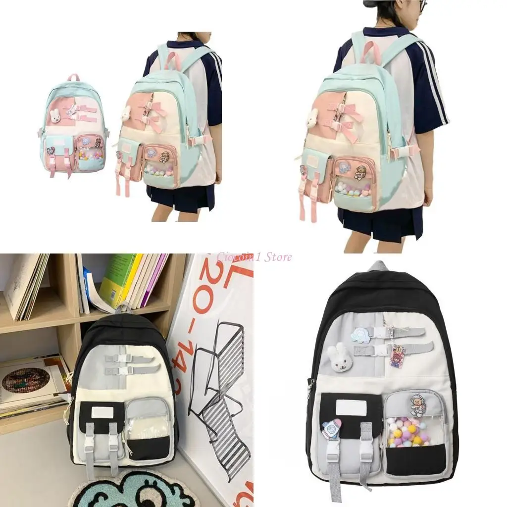 

Y1UB Korean Harajuku красочный нейлоновый рюкзак с прозрачным карманом большой школьной книжной сумки