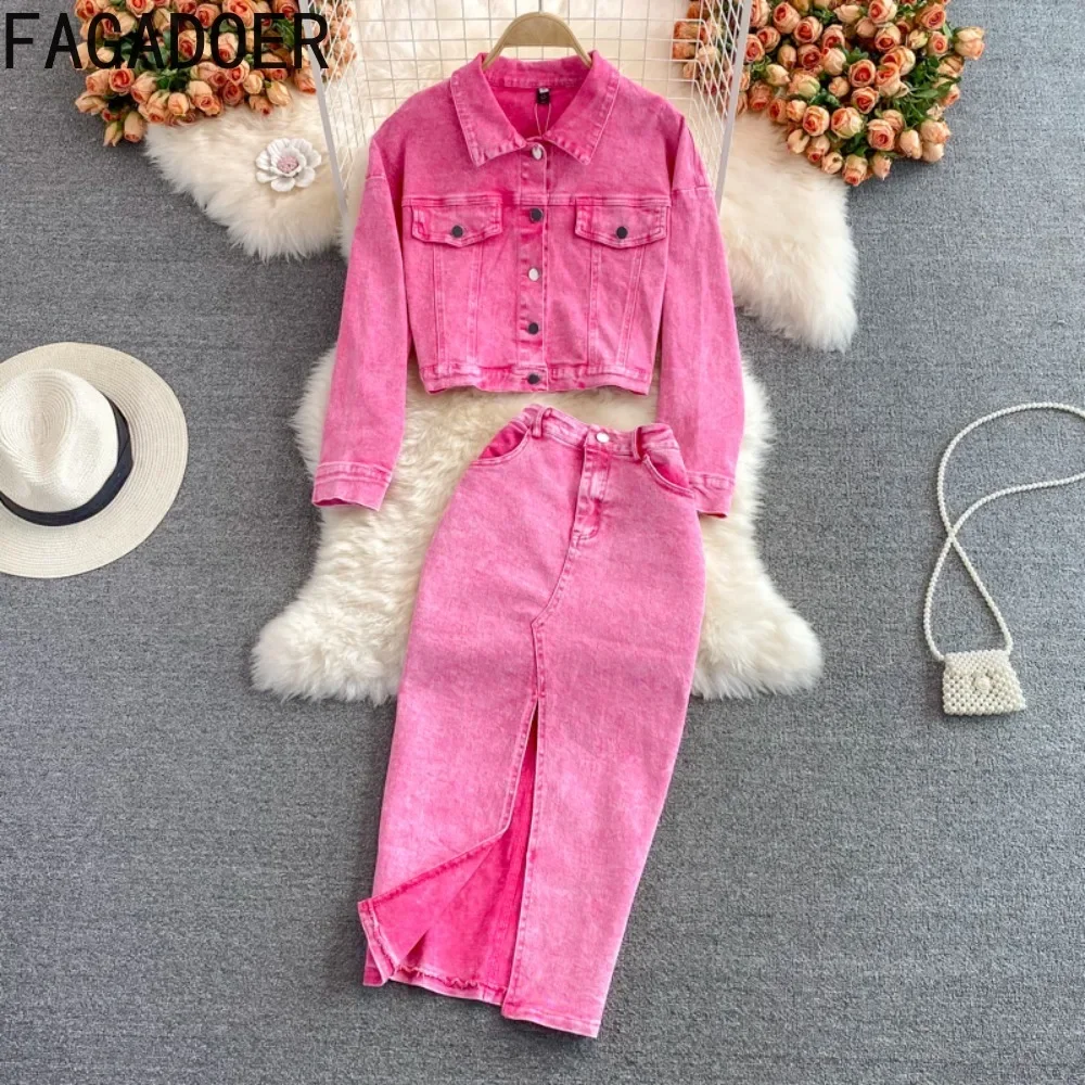 

FAGADOER Pink Denim 2 Piece Sets Women Outfit Fashion Lapel Buttons Crop Jacket and High Waist Denim Skirt Suits Y2K Streetwear