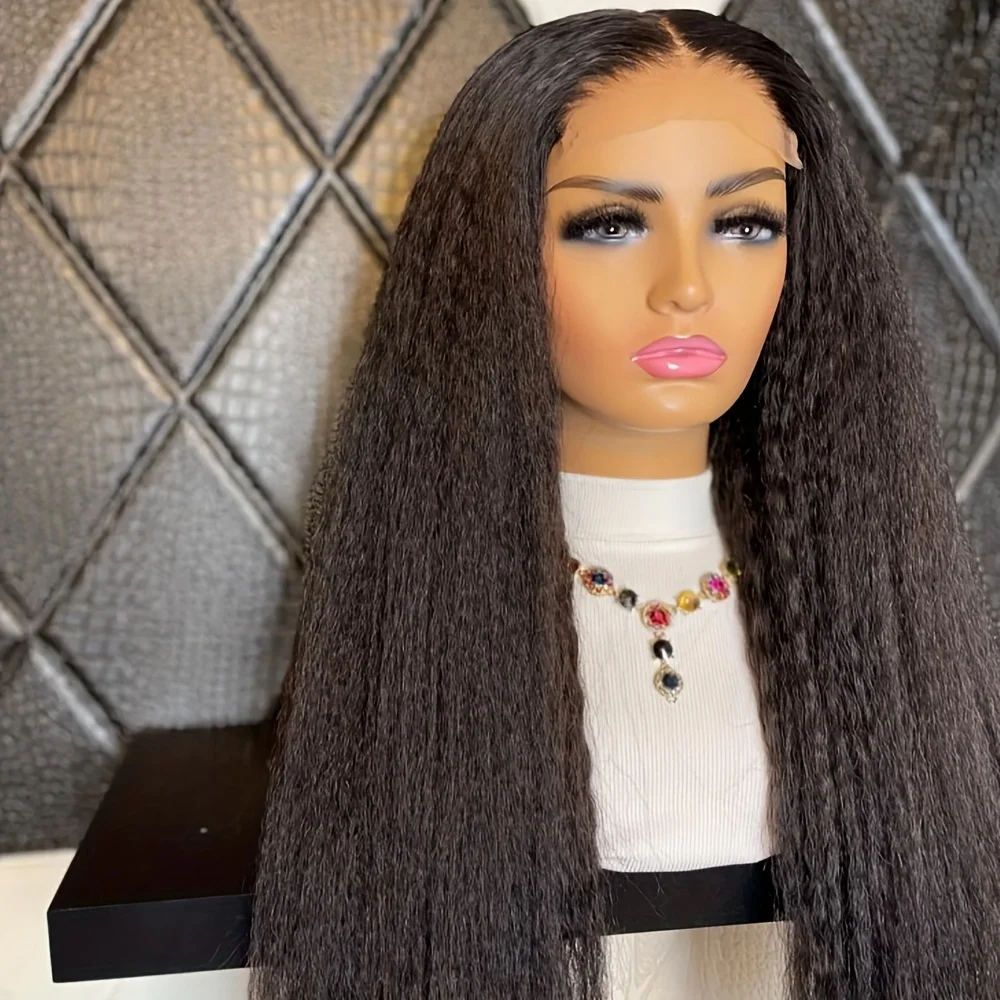 24Inch Long Glueless Kinky Straight Yaki Natural Black Soft 13x4 Lace Front Wig For Women With Baby Hair Preplucked Daily