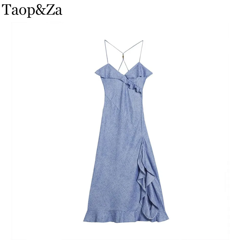 ZA feminino verão novo estilo de moda azul linho misturado em camadas vestido de alça decorativa