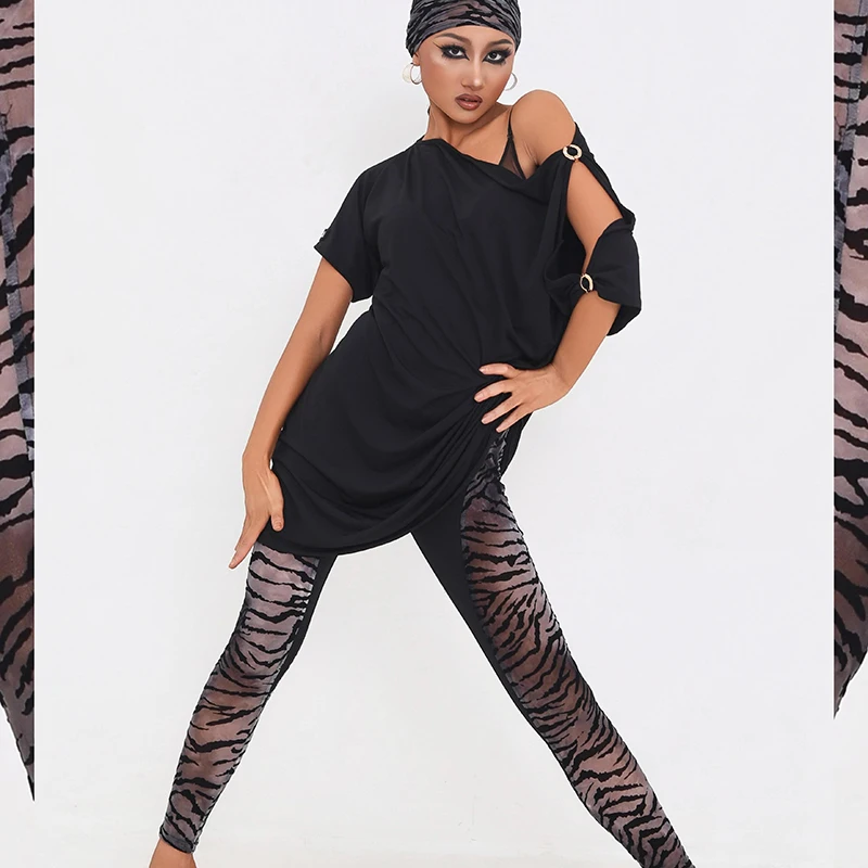2025 nouveaux tenues de pratique de danse latine épaule inclinée bouton rond en métal sweat à capuche pantalons serrés ensembles vêtements de danse latine