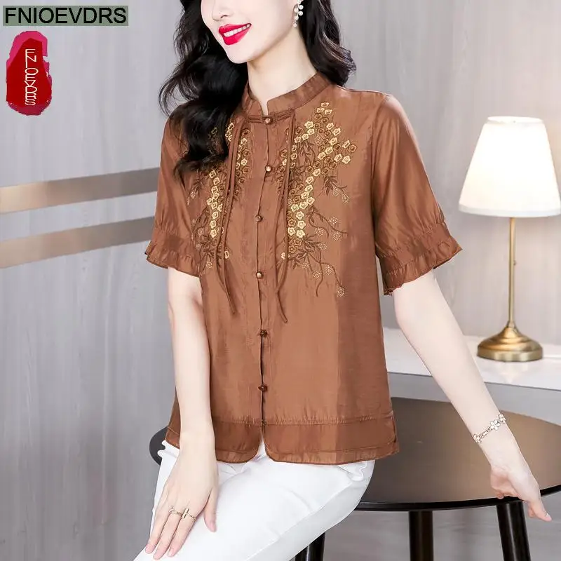 M-4XL-Tops morados con pajarita bordada para mujer, ropa básica de oficina con cuello levantado, camisas Retro Vintage elegantes, 2024