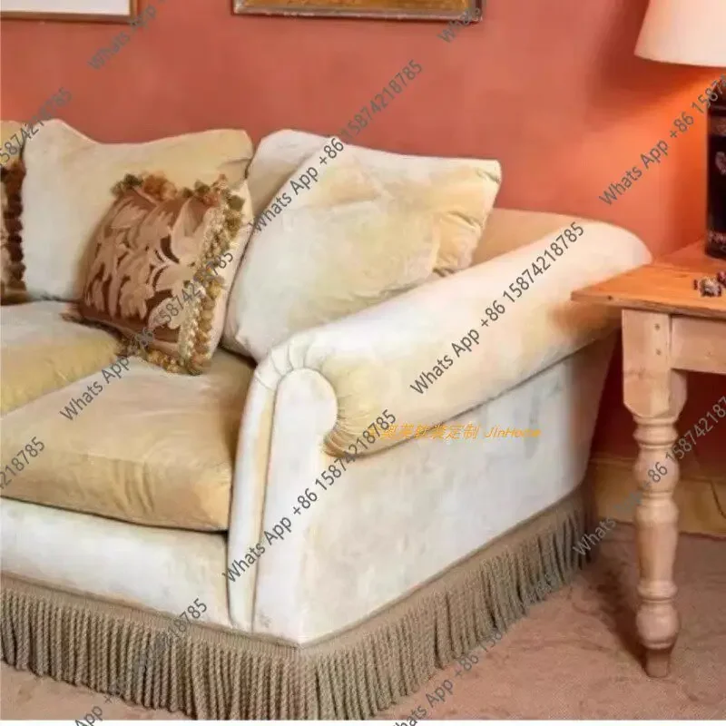 65 N French retro beige fringed velvet straight row French postmodern medieval big red cafe double triple sofa