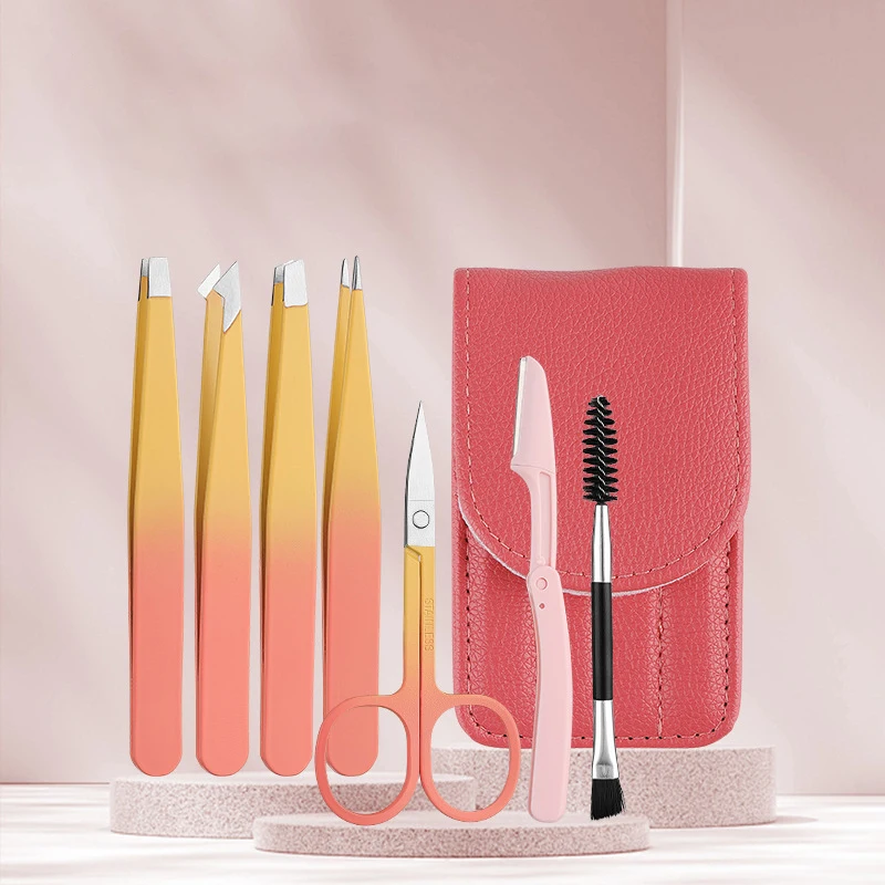 多目的7本入りカラフル眉用ピンセット、斜め/平型ポイント付き、眉毛や埋没毛除去用美容ツールセット
