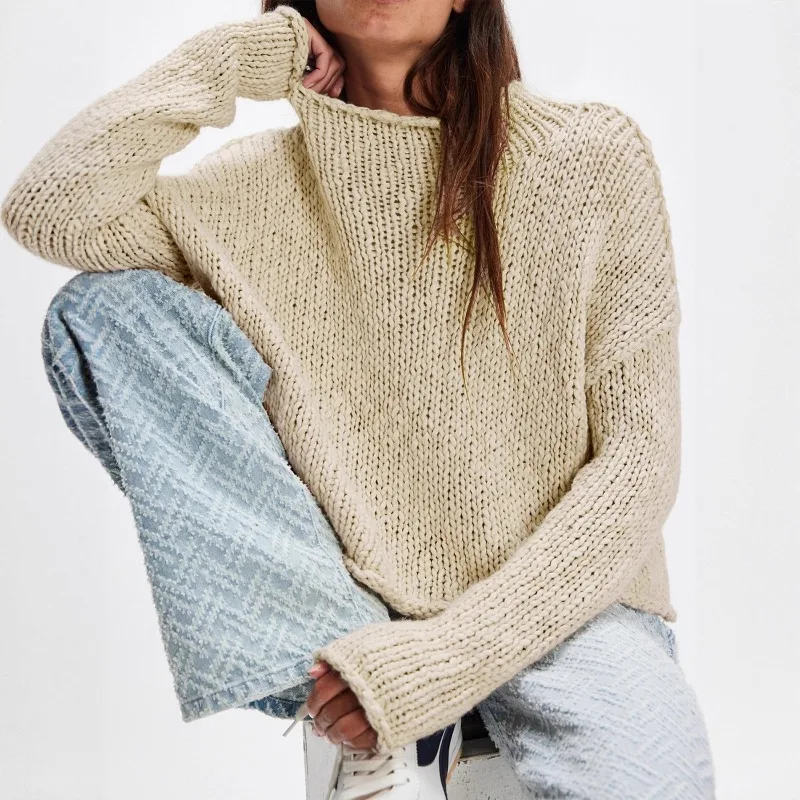 

Long Sleeve Knitted Crew Neck Pullover Solid Color Top Fashion Elegant Women's Sweater