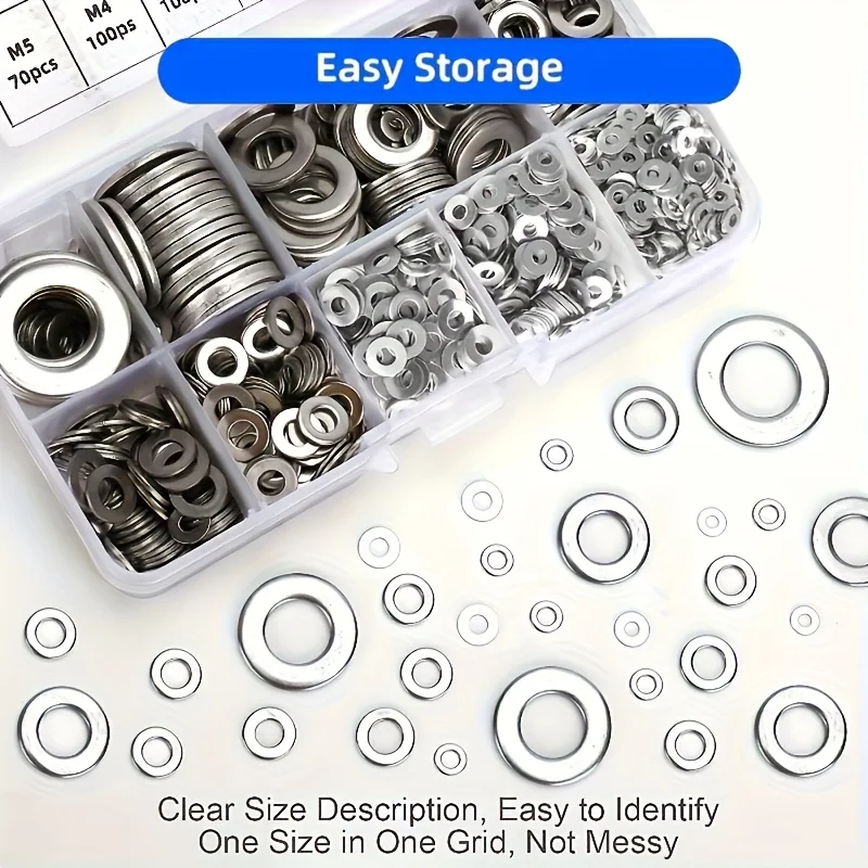 Edelstahl-Flachscheiben-Sortiment M2 M2.5 M3 M4 M5 M6 M8 M10, Hardware-Befestigungen für Heimdekoration und Industriereparatur Metallscheiben, Befestigungsteile, Schraubenzubehör, Hardware-Set, Ersatzteile, Montagekomp – Detail 2
