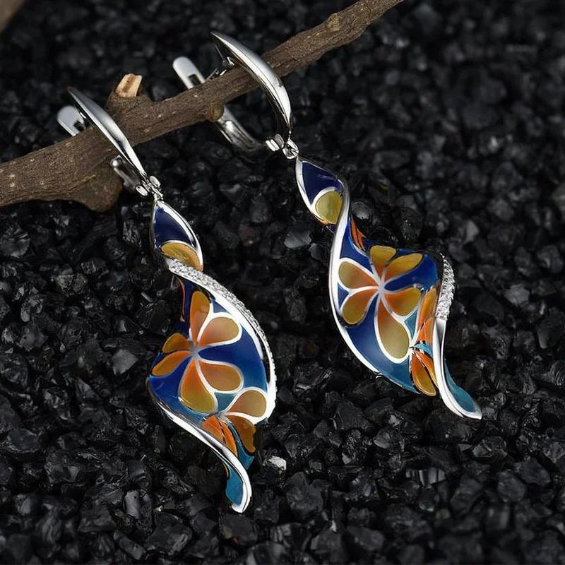 Fashion Creative Spiral Leaf Enamel Cloisonne Flower Long Pendant Earrings