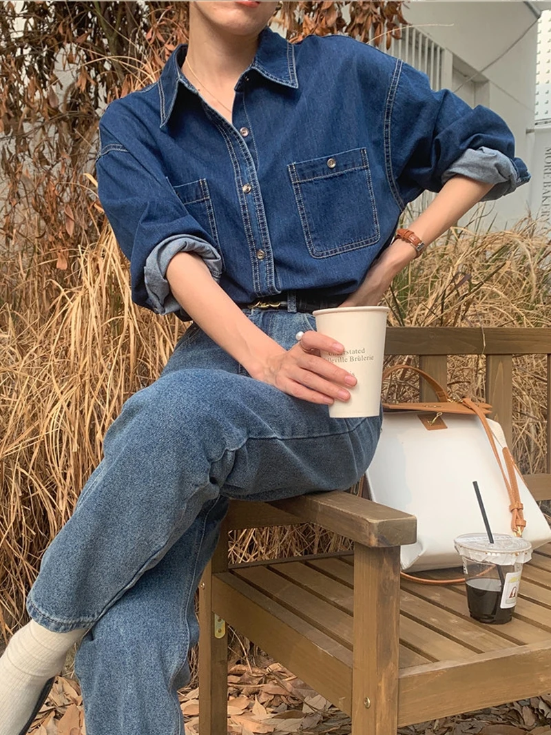 

Retro Loose Women's Denim irt Fall Season Thin Long Sve Double ket Button up Korean Sle Commute Pure Color Design