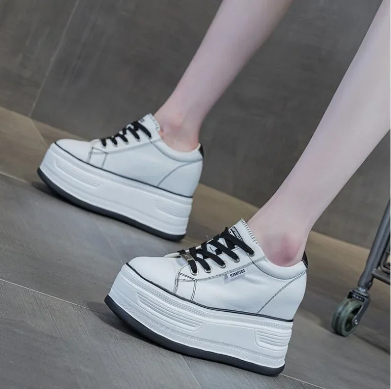 

2025 Spring Autumn 12cm Denim Cow Genuine Leather Platform Wedge Shoes Chunky Sneaker Casual Comfy High Brand Shoes
