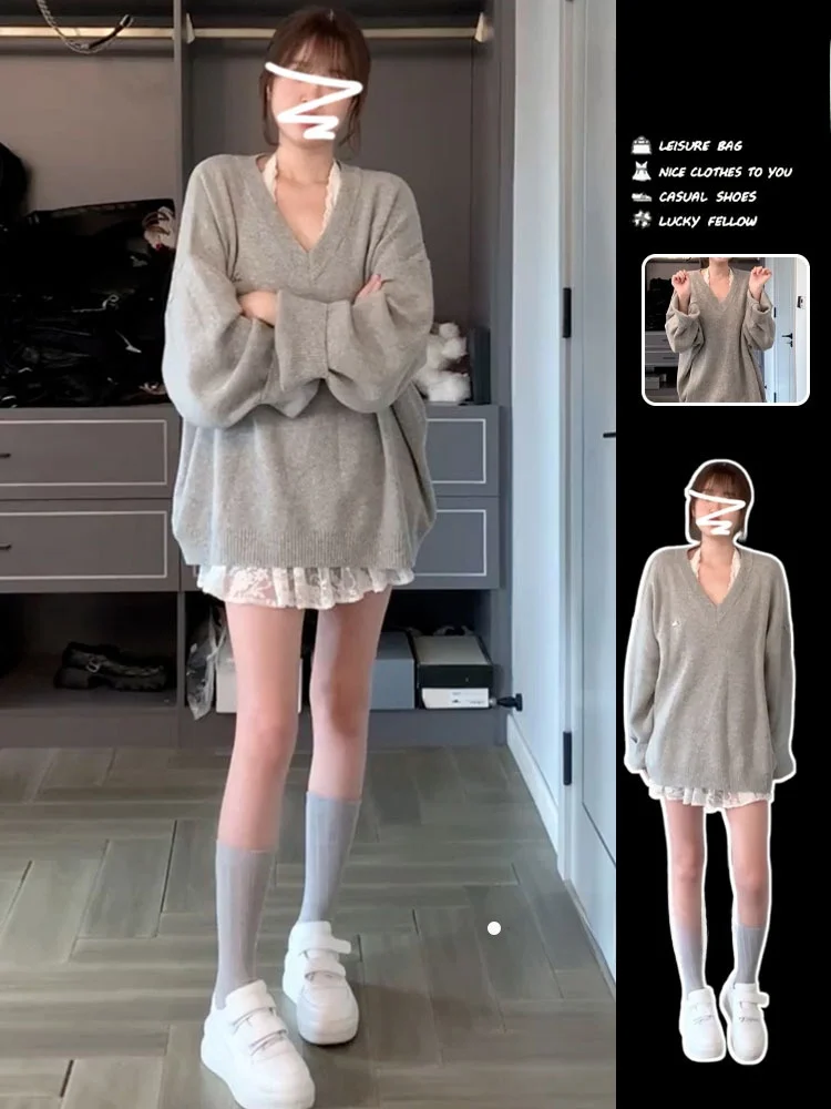 

Early Autumn Faion 2025 Women's ey Knitted Sweater Lace Neline Skirt Set Casual Commute Sle Long Sve V-Ne Two-Pi...