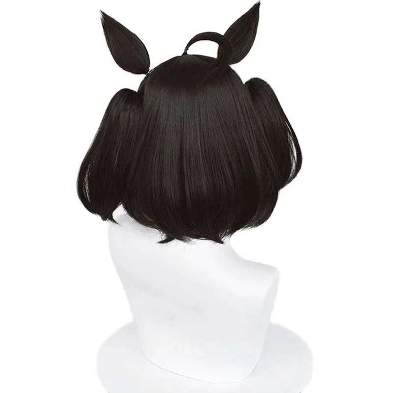 qq023Uma Kitasan Uma Musume Pretty Derby Cosplay Black White Wig with Bangs Ears Synthetic Hair Pelucas
