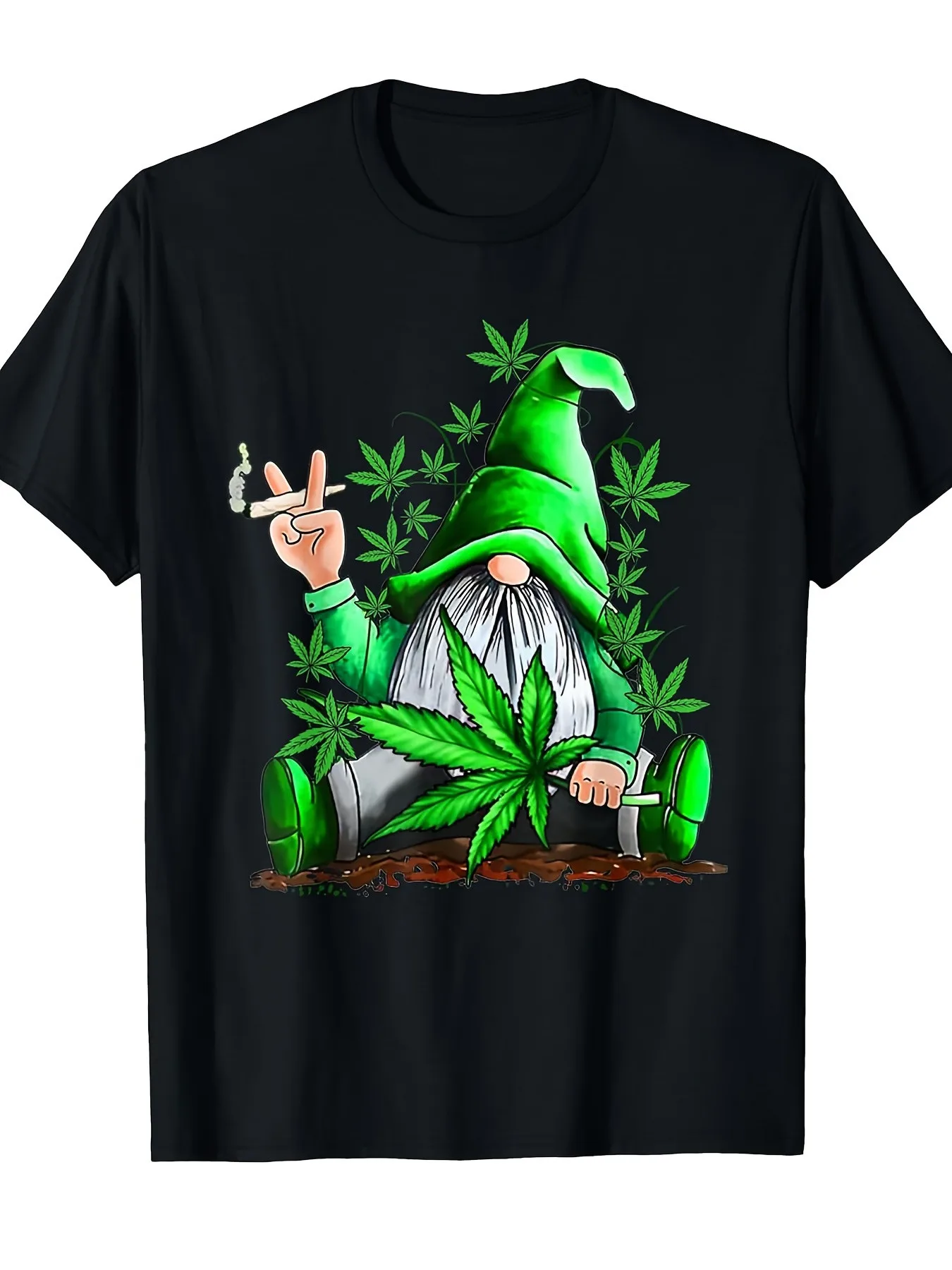 Funny Gnome Flower Pot Leaves Smoking T Shirt Cool Design Street Fashion Style T Shirt Comfortable Round Neck Short Sleeve Unisex Design Men'S T Shirt