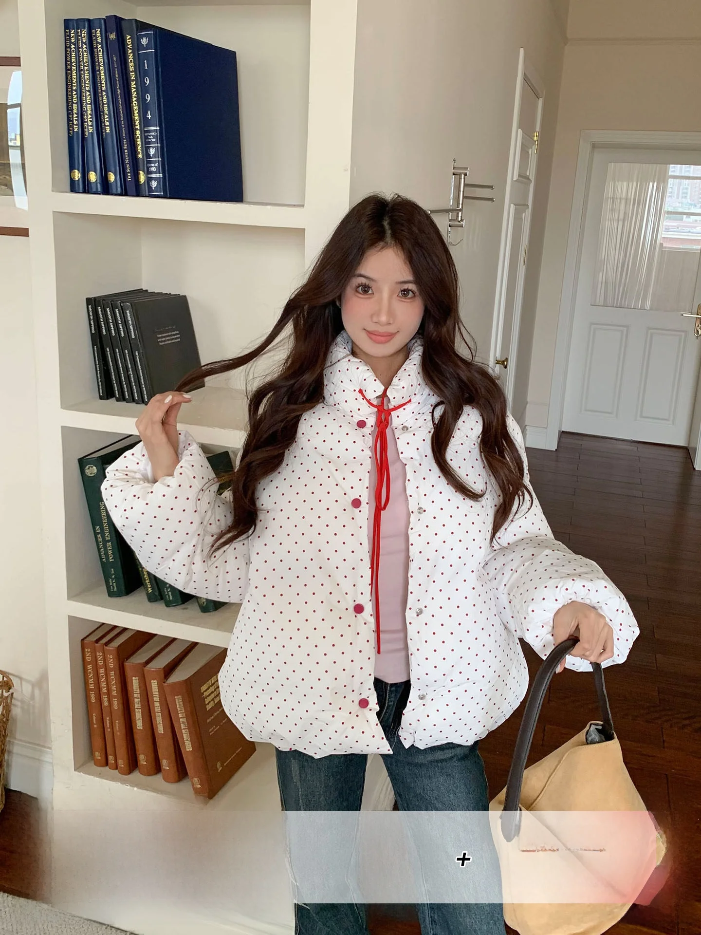 

Women's Loose Fit Thiened Cotton Jaet Polka Dot Knot Winter Coat Gentle Sle Dotted Bow Tie Warm Coat