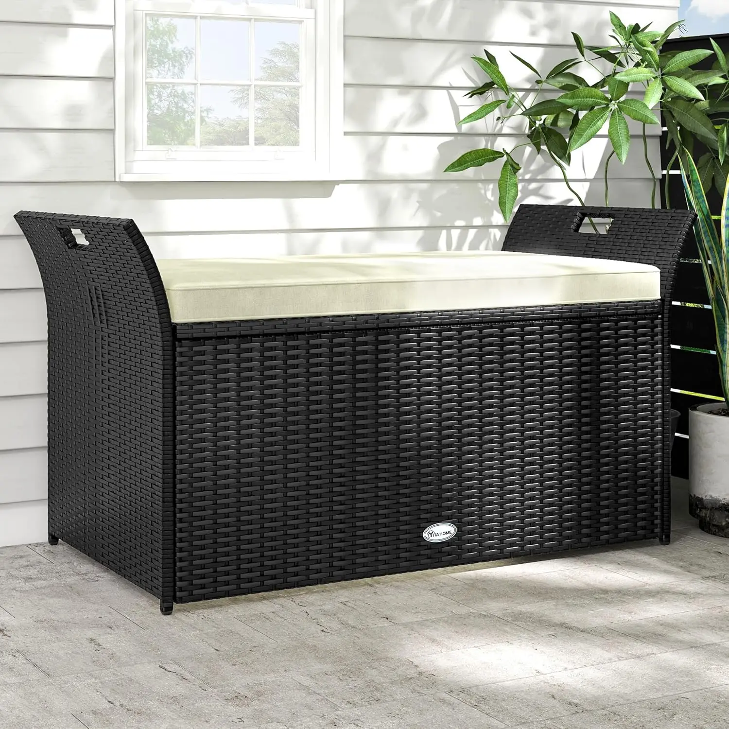

90 Gallon Outdoor Wicker Storage Bench w/Cushion, Large PE Rattan Deck Storage Box w/Handles & Hydraulics for Patio Furnitur
