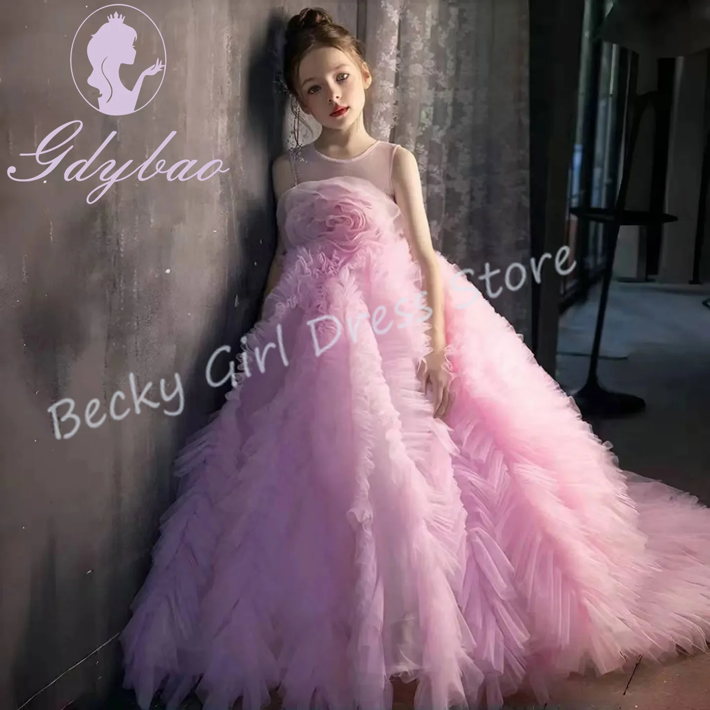 

Customized Pink Flower Girl Dresses For Wedding Layered 3D Flower Fluffy Floor Length Elegant Princess First Communion Ball Gown