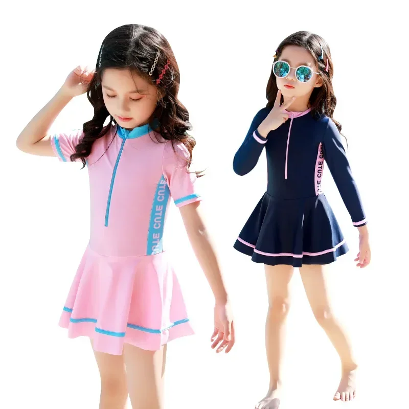 2024 New Girls Swimsuit One-piece Swimwear UPF50+ Print Baby Long Sleeve Kids Toddler Infant Beach Bathing Suits Children