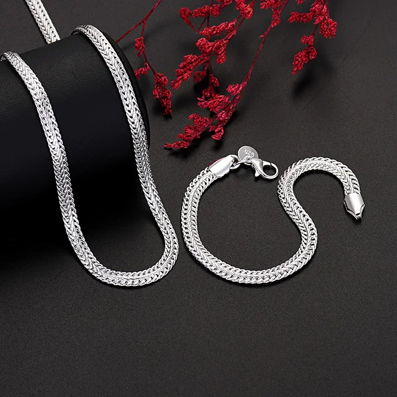 

Hot 925 Sterling Silver New Original 6MM Chain Bracelets Neckalce for Women Man Fashion Party Wedding Noble Jewelry Sets Gifts