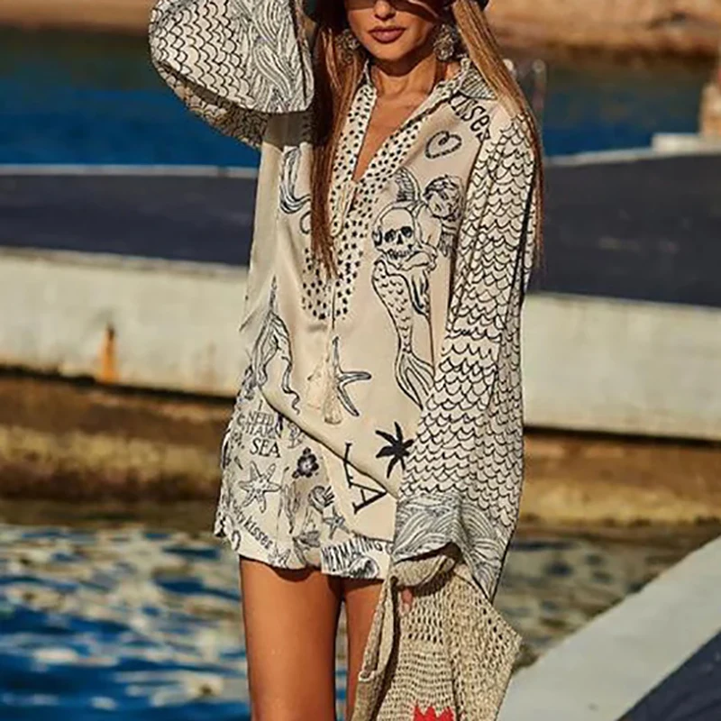 Lady Pattern Print V-Neck Long Sleeve Shirts&Shorts Vacation Outfits Summer Satin 2Pcs Temperament Suit Women Group Of Pants Set