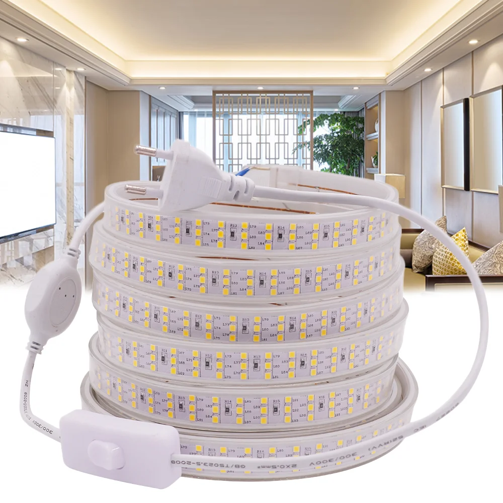 220V LED Strip Light 2835 276Leds/M Waterproof Flexible Ribbon Rope With Switch SMD5050 60 LED Tape Diode For Home Decoration