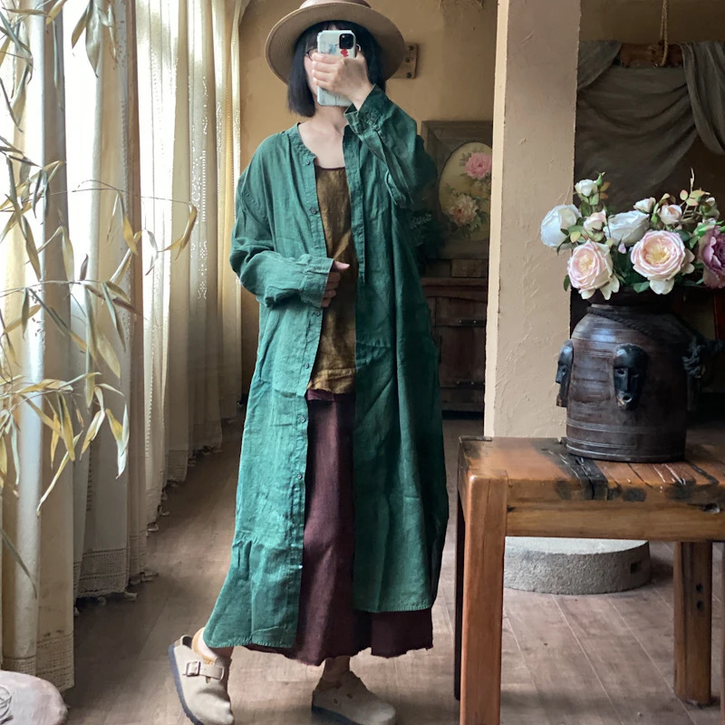 

100% Linen Women Casual Shirt Dress New 2026 Spring Vintage Style Stand Collar Loose Comfortable Female Long Dresses M2634