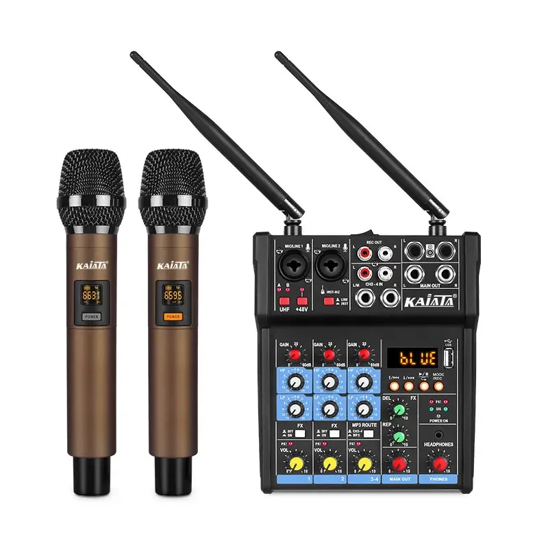KAIKA G4-M2-2 Small Mixer With Wireless Microphone Integrated Computer Sound Card Guitar USB 4-channel Audio Mixer