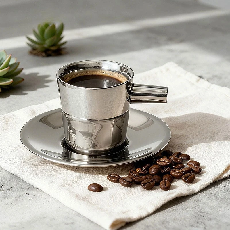 2 pack Stainless Steel Coffee Cups ,Coffee Mugs with Saucer Double Wall Espresso Silver Cup with Handle for Cappuccino,Tea,Milk - view 2