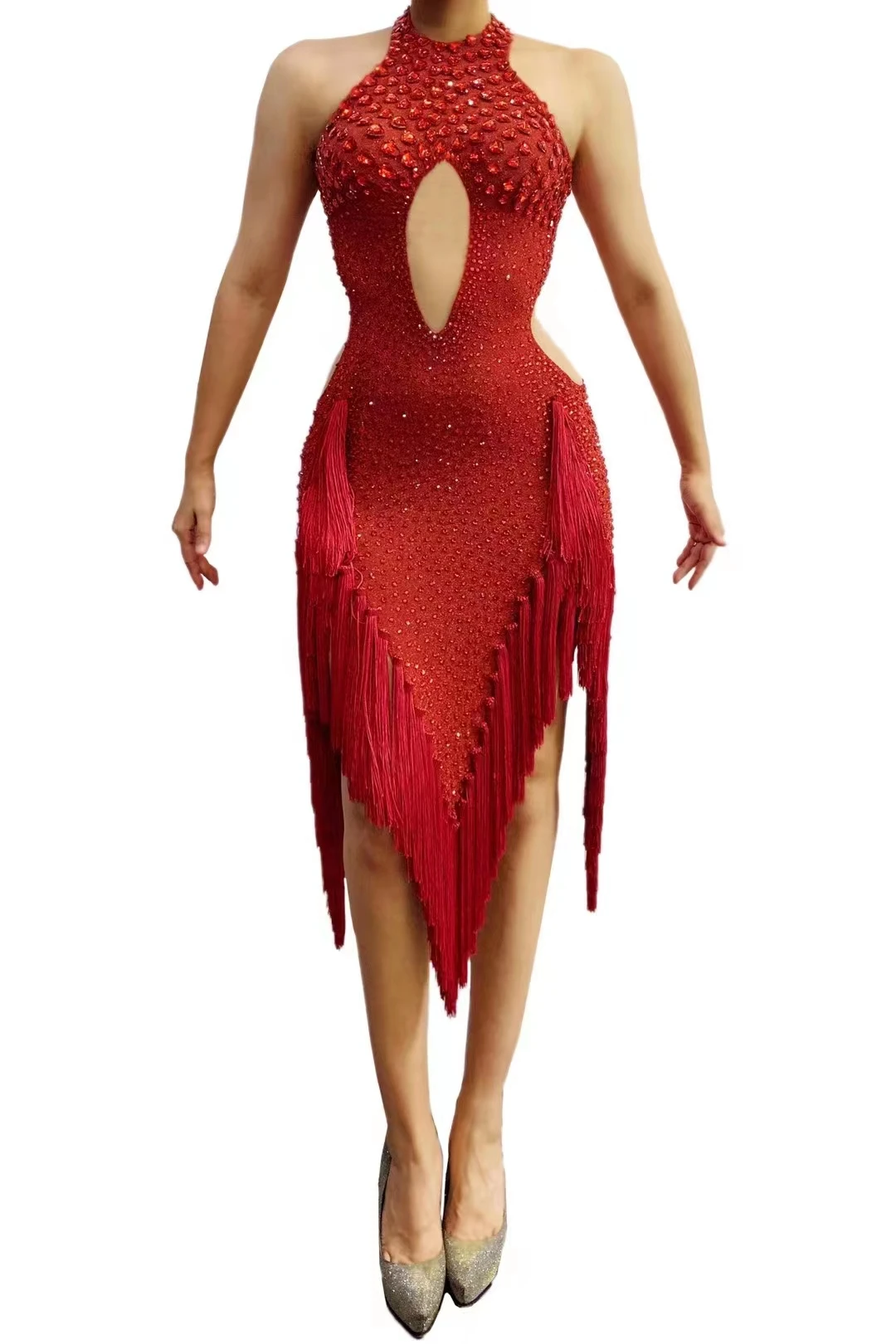 Robe Latine à Franges avec Strass Rouges pour Femme, Costume de Pôle brev, Tenue de Performance sur Scène, Concours, DJ, Discothèque, A244