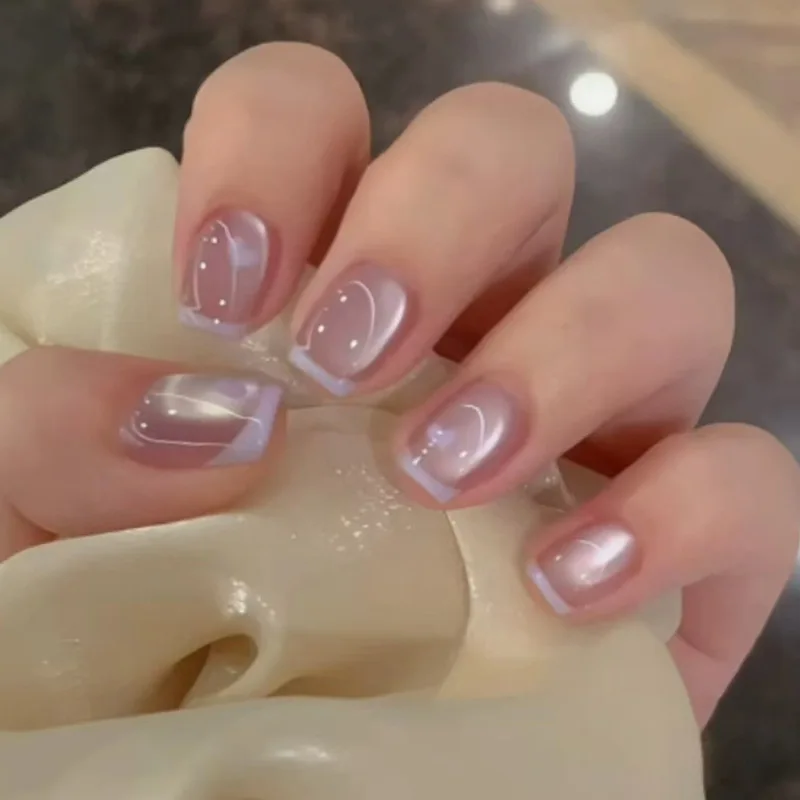 24pcs Nude Pink Cat Eye Press On Nails White French Tip Line Dot Minimalist False Nail Short Square Fake Nail for Women&Girl