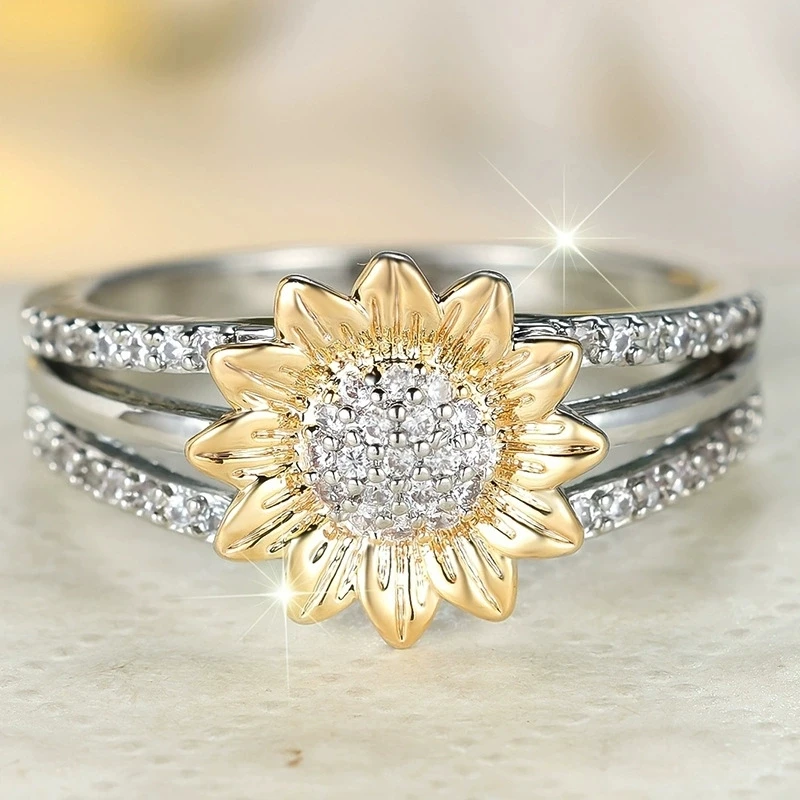 Beautful Sunflower Women's 925 Stamp Silver Ring Inlaid Zirconia Design Gold Color Hand Daily Wear Party Jewelry Gift