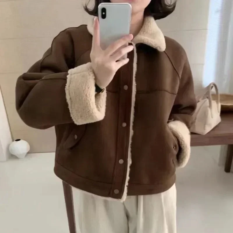 Winter Vintage Suede Jacket Women Korean Fashion Warm Fleece Mustang Jackets Oversize Chic Elegant Outwear Aesthetic Dropship