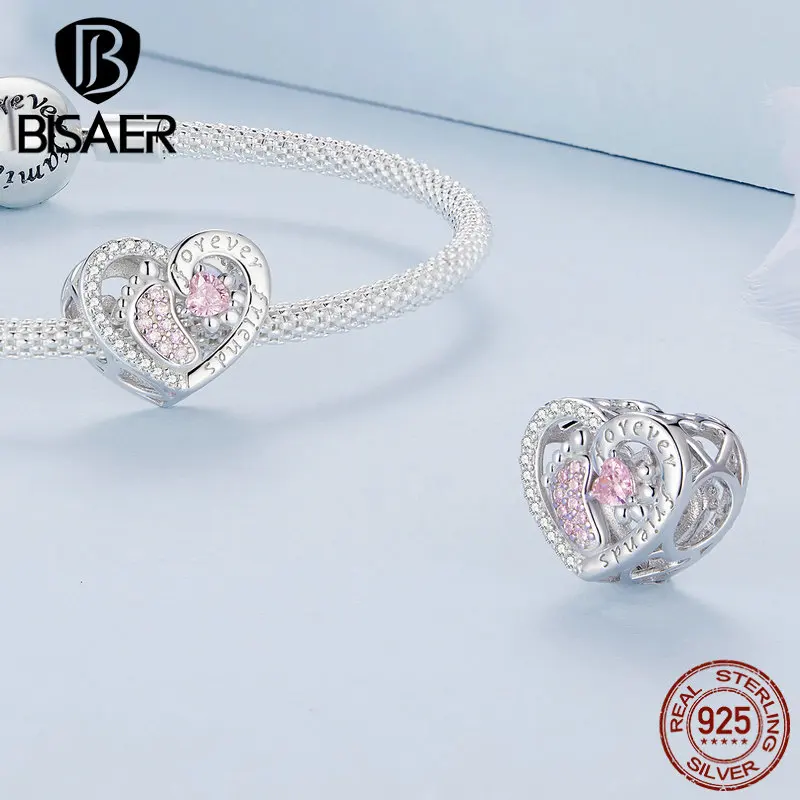 BISAER 925 Sterling Silver Pink Series Charm Heart Safety Chain Bead Pendant Fit Bracelets Mother\'s Day Lovers Fine Jewelry Gift