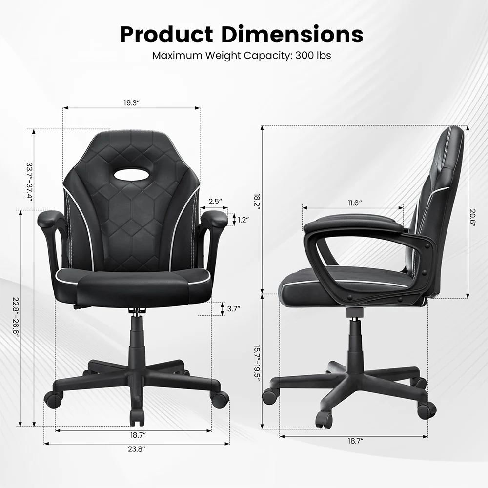 ACGAM CG-4746 Gaming Office Chair, Ergonomic Foam Backrest, PVC Leather, Wide Seat, 360° Swivel, Height Adjustable, Padded Armrests, Nylon Base, 300lbs Capacity, 19.3