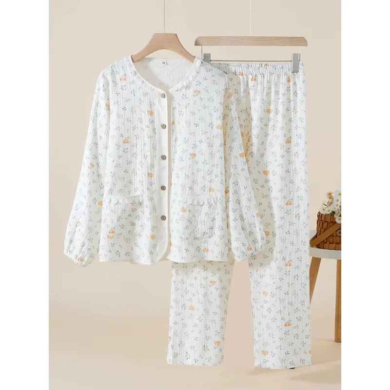 Conjunto de Pijama para Mujer de 2 Piezas, Estilo Pastoral, 100% Algodón, Gasa de Doble Capa, Manga Larga, Pantalones con Botones, Ligero, Transpirable y Dulce
