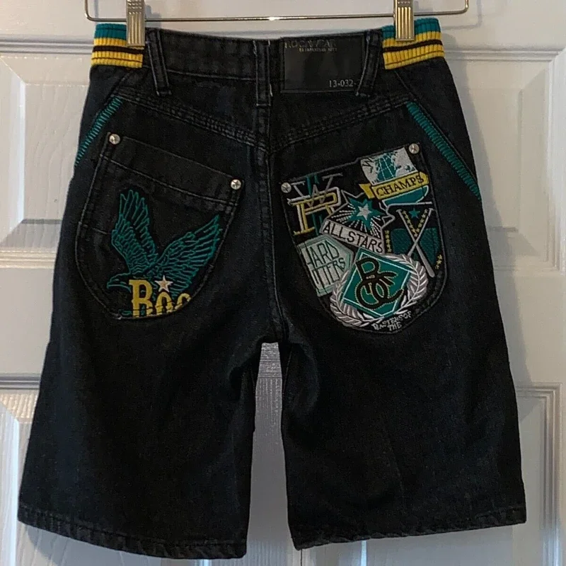 Y 2K Zwarte Denim Shorts Amerikaanse Zware Industrie Patchwork Geborduurde Jeans Harajuku Hiphop Street Style Design Shorts