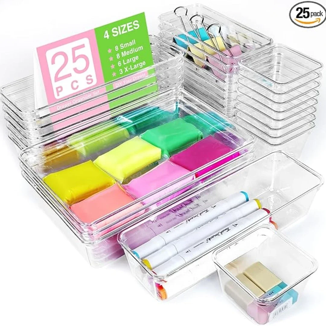 25 PCS Clear Plastic Drawer Organizers Set,Desk Drawer Dividers Trays Dresser Storage Bins Separation Box for Makeup, Jewelries